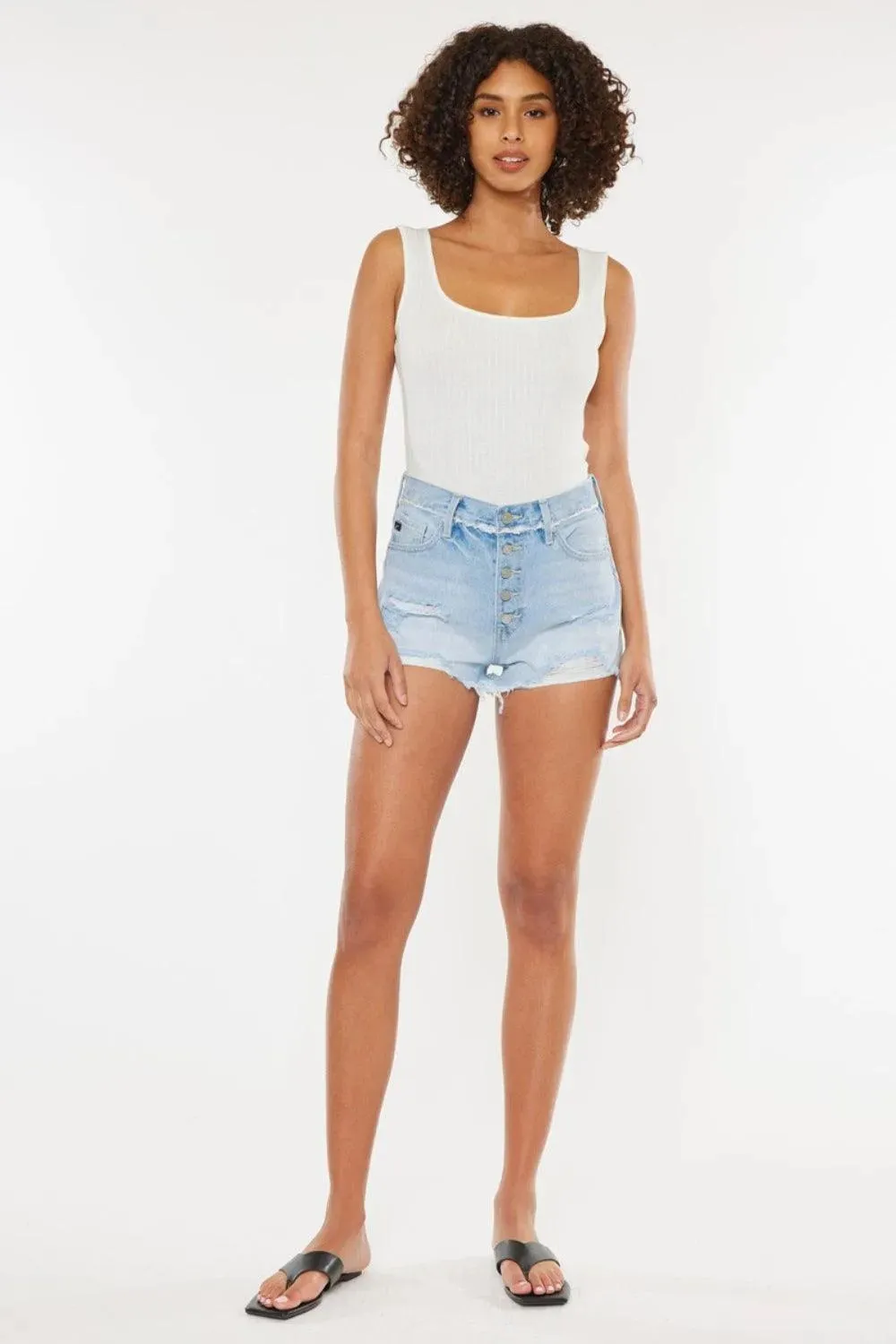 Kancan Distressed Button Fly Medium Denim Shorts