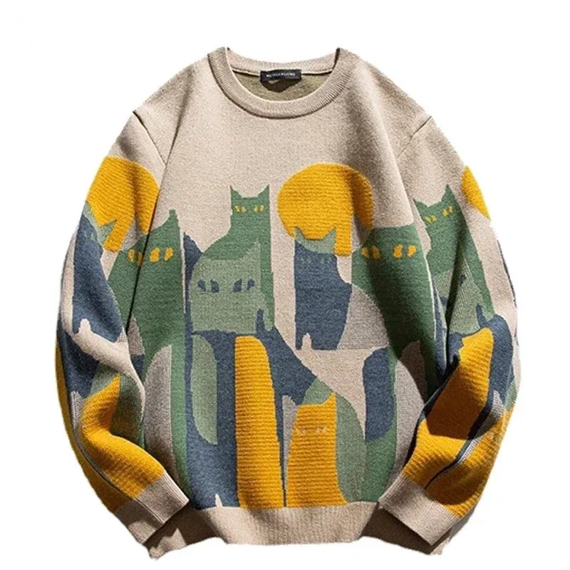 Knitted Sweater Men Women Winter Harajuku Cartoon Full Cat Print Pullover Vintage Causal Loose Sweaters